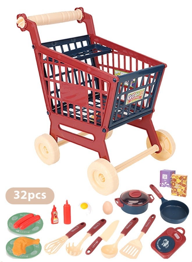 skisopet 32pcs Kids Shopping Cart,Kitchen toy set,Durable Pretend Play Kitchen Toys for Toddler,toys for girls Play House Kitchen Toys For Kids,Kitchenware and toy set with flat bottomed pan, seasoning, food and other accessories Girl boy shopping cart toys - Image 1